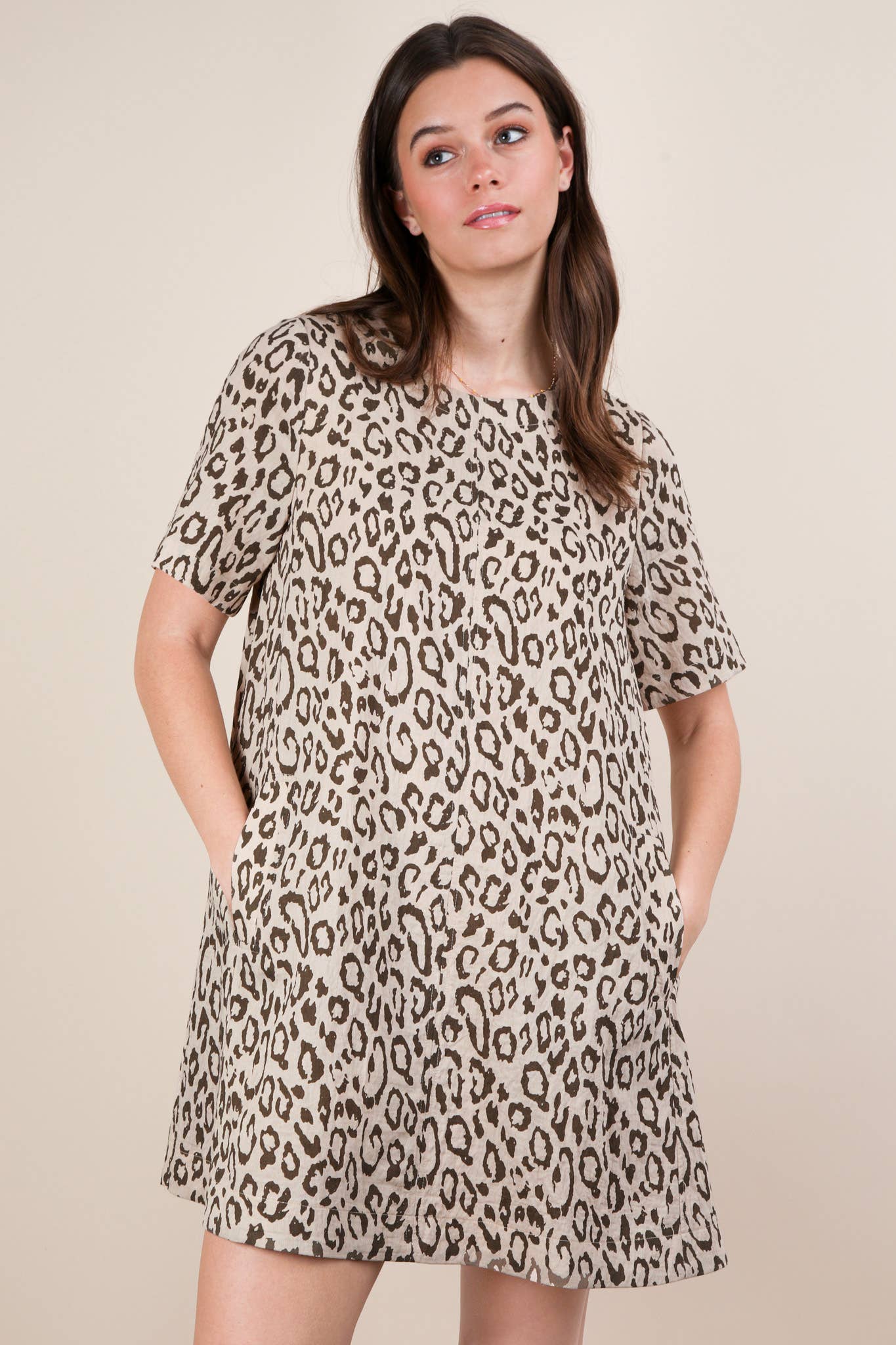 ND31673-Leopard Printed Comfy Mini Dress: OATMEAL / S-M-L/2-2-2