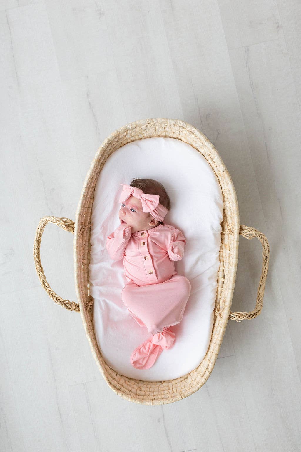Newborn Knotted Baby Gown, Bow, Hat Set - Pink