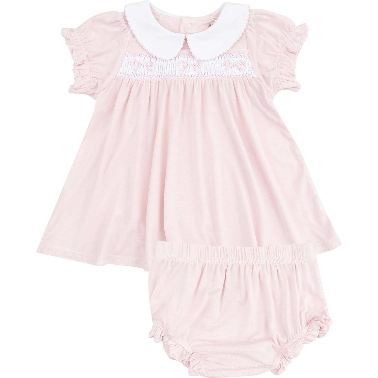 Angel Dear Classic Pink Smocked Peterpan Collar Dress + Bloomer Set
