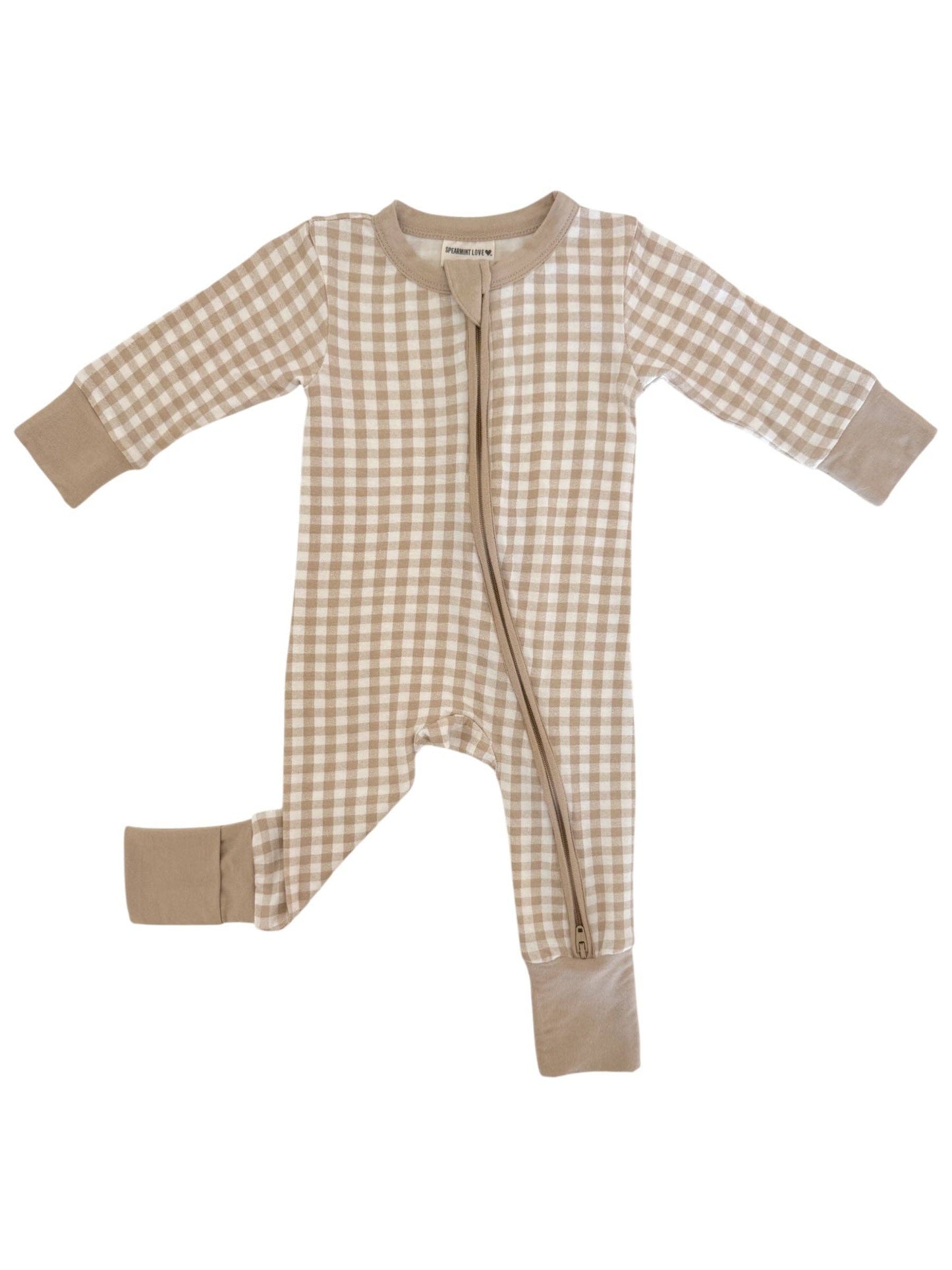 2-Way Convertible Zip Romper, Tan Gingham