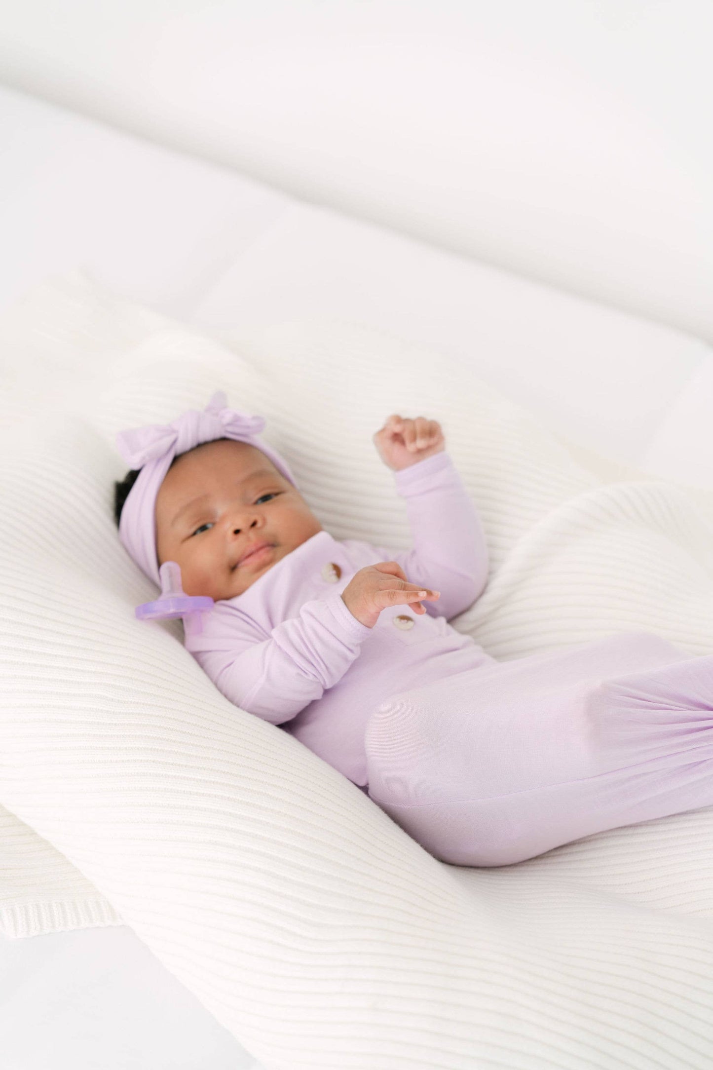 Knotted Baby Gown, Bow, Hat Set - Lavender
