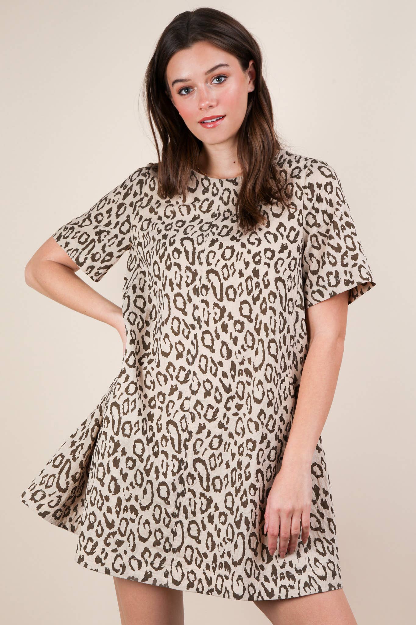 ND31673-Leopard Printed Comfy Mini Dress: OATMEAL / S-M-L/2-2-2
