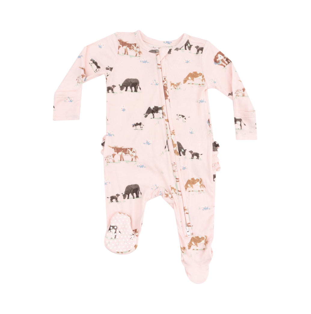 Cow Families 2 away Zipper Ruffle Back Footie