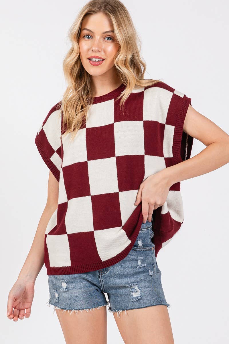 Checkered Knit Top (Maroon/White)