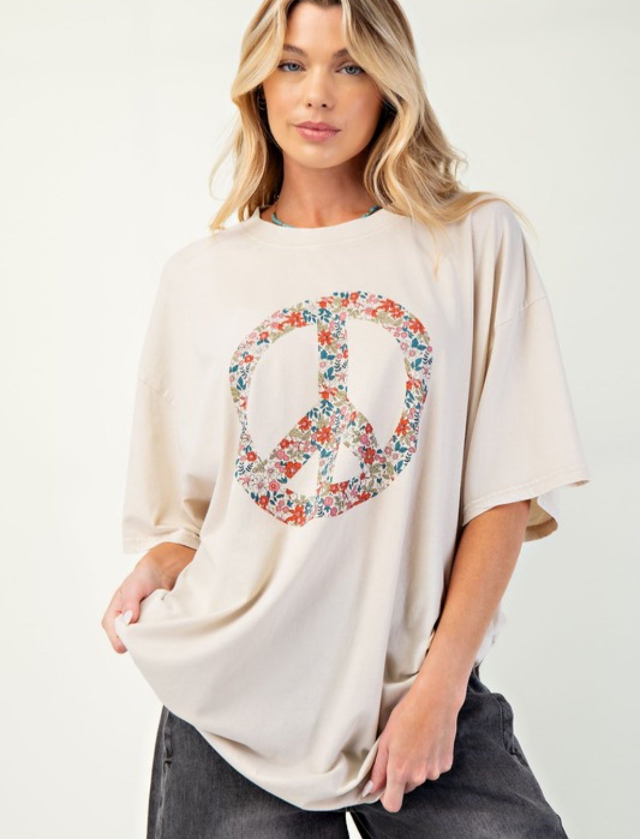 Peace Distressed Tee (Light Beige)