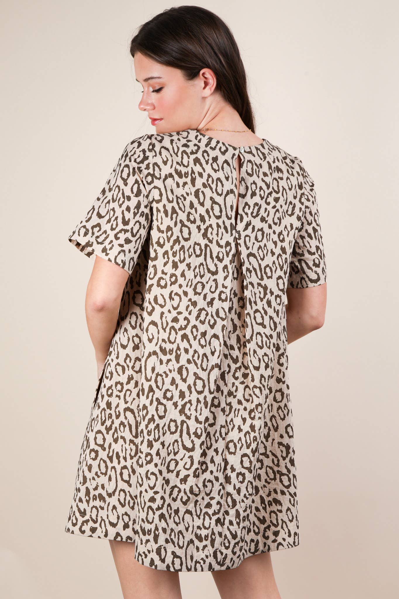 ND31673-Leopard Printed Comfy Mini Dress: OATMEAL / S-M-L/2-2-2