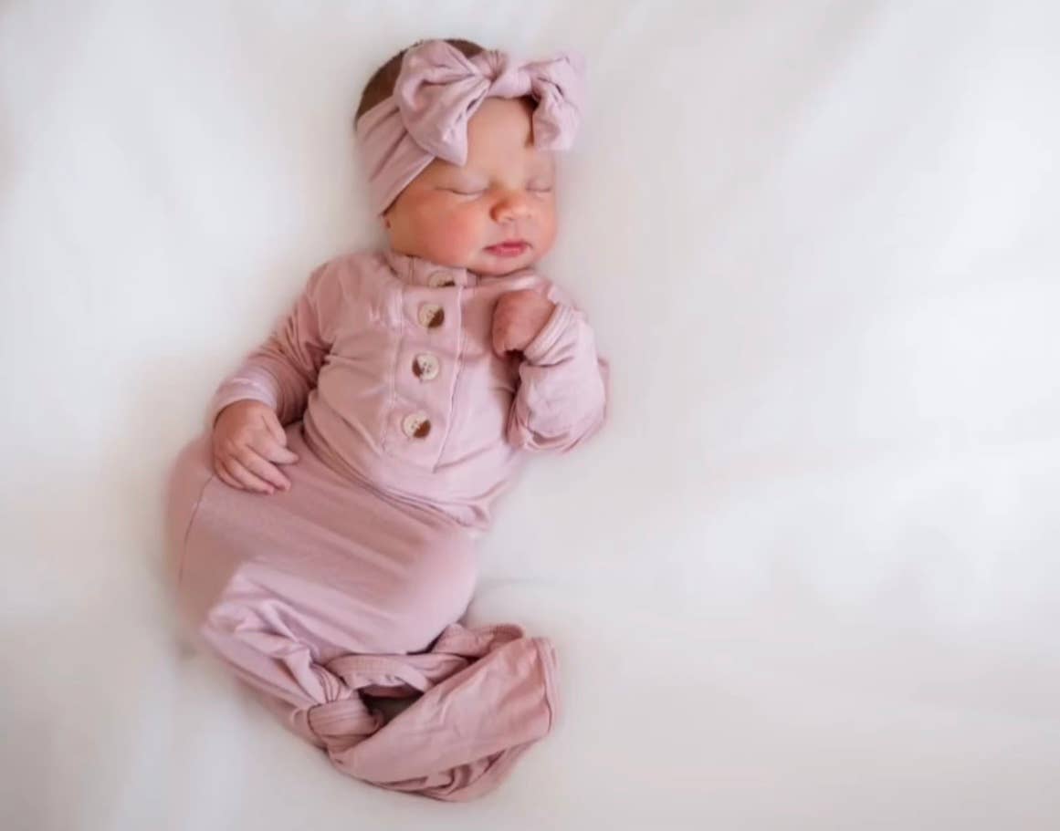 Knotted Baby Gown, Bow, Hat Set - Dusty Rose