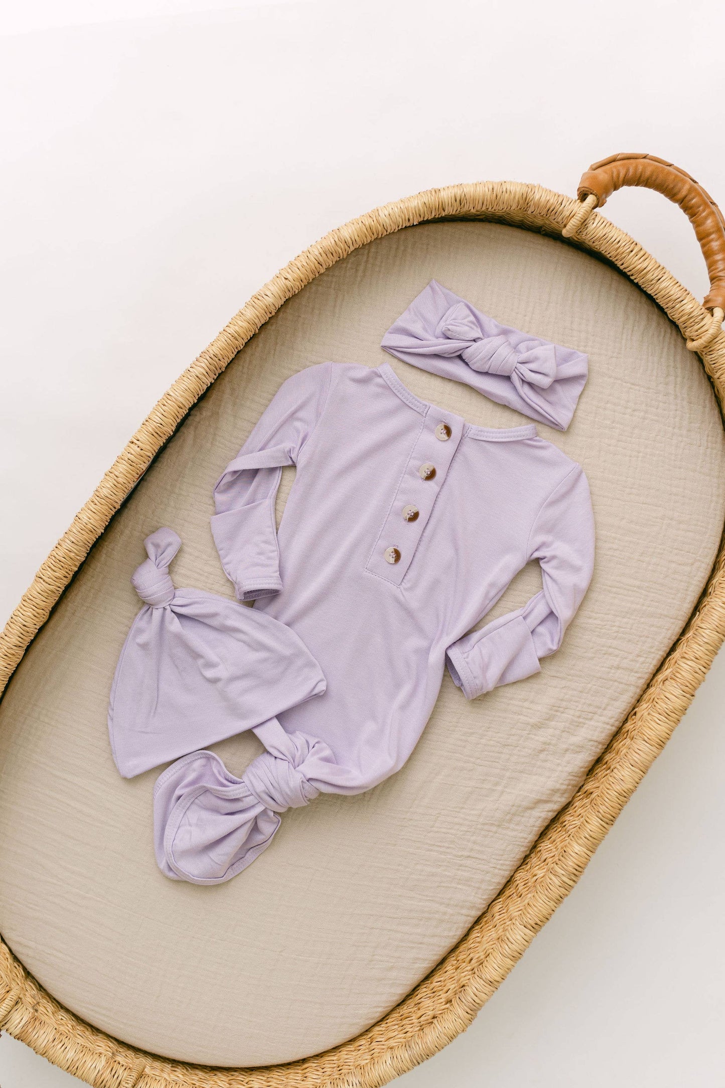 Knotted Baby Gown, Bow, Hat Set - Lavender