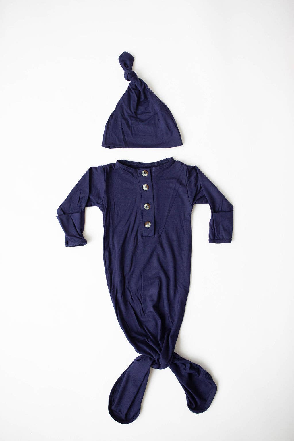 Knotted Baby Gown and Hat Set - Navy Blue