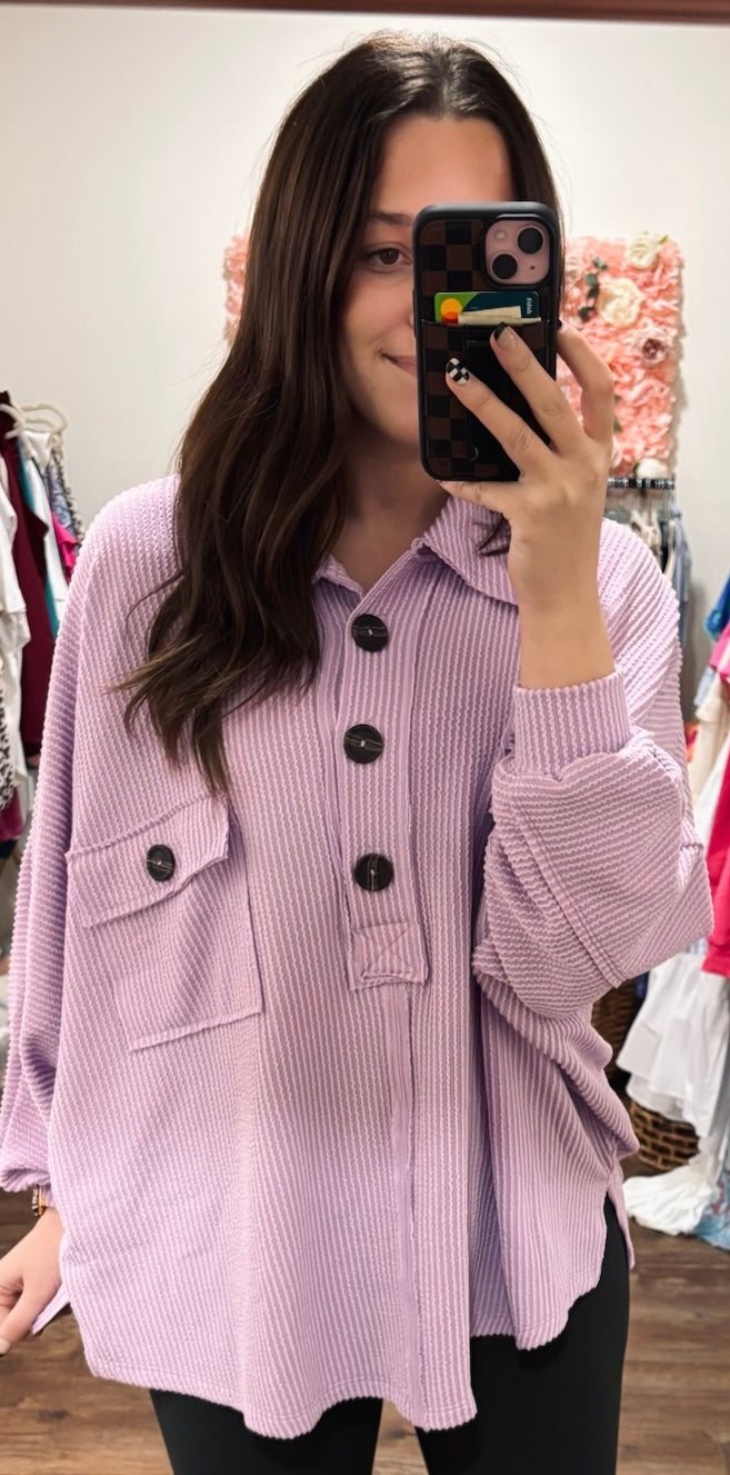 French Terry Knit Collared Loose Fit Top: Lilac