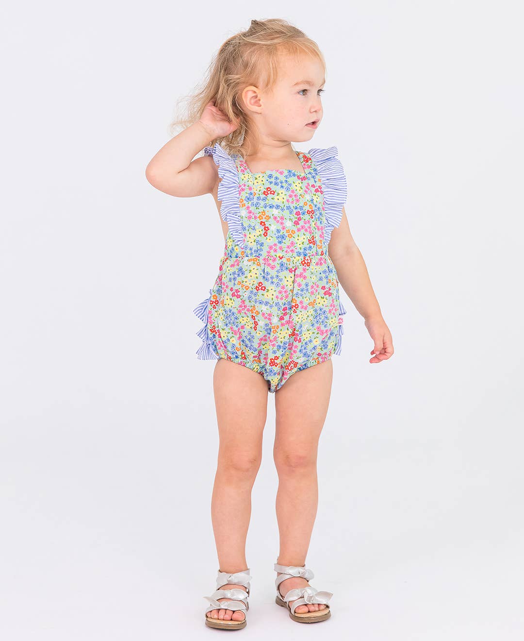 Petaling Around Pinafore Cross-Back Woven Bubble Romper