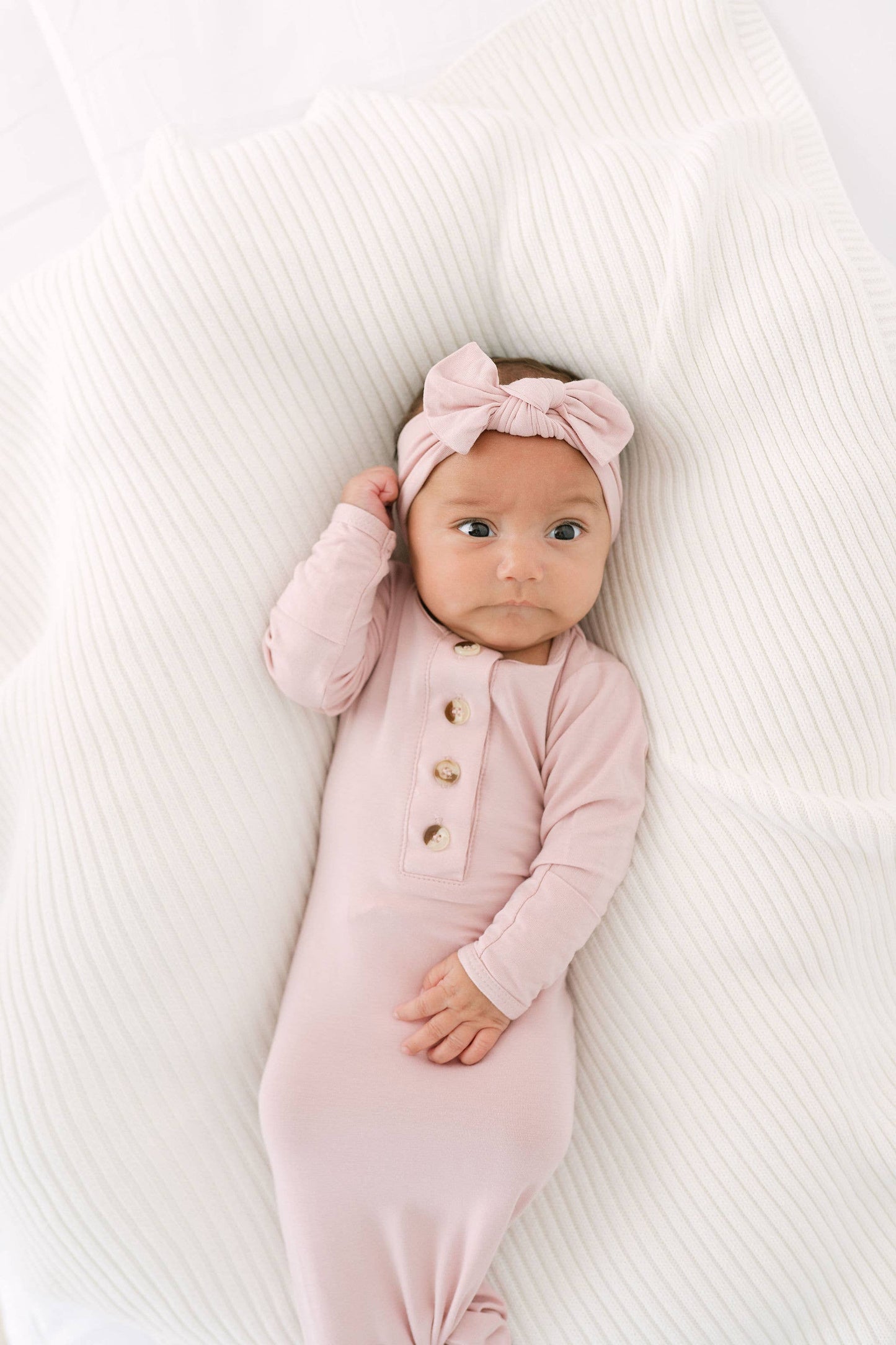 Knotted Baby Gown, Bow, Hat Set - Dusty Rose