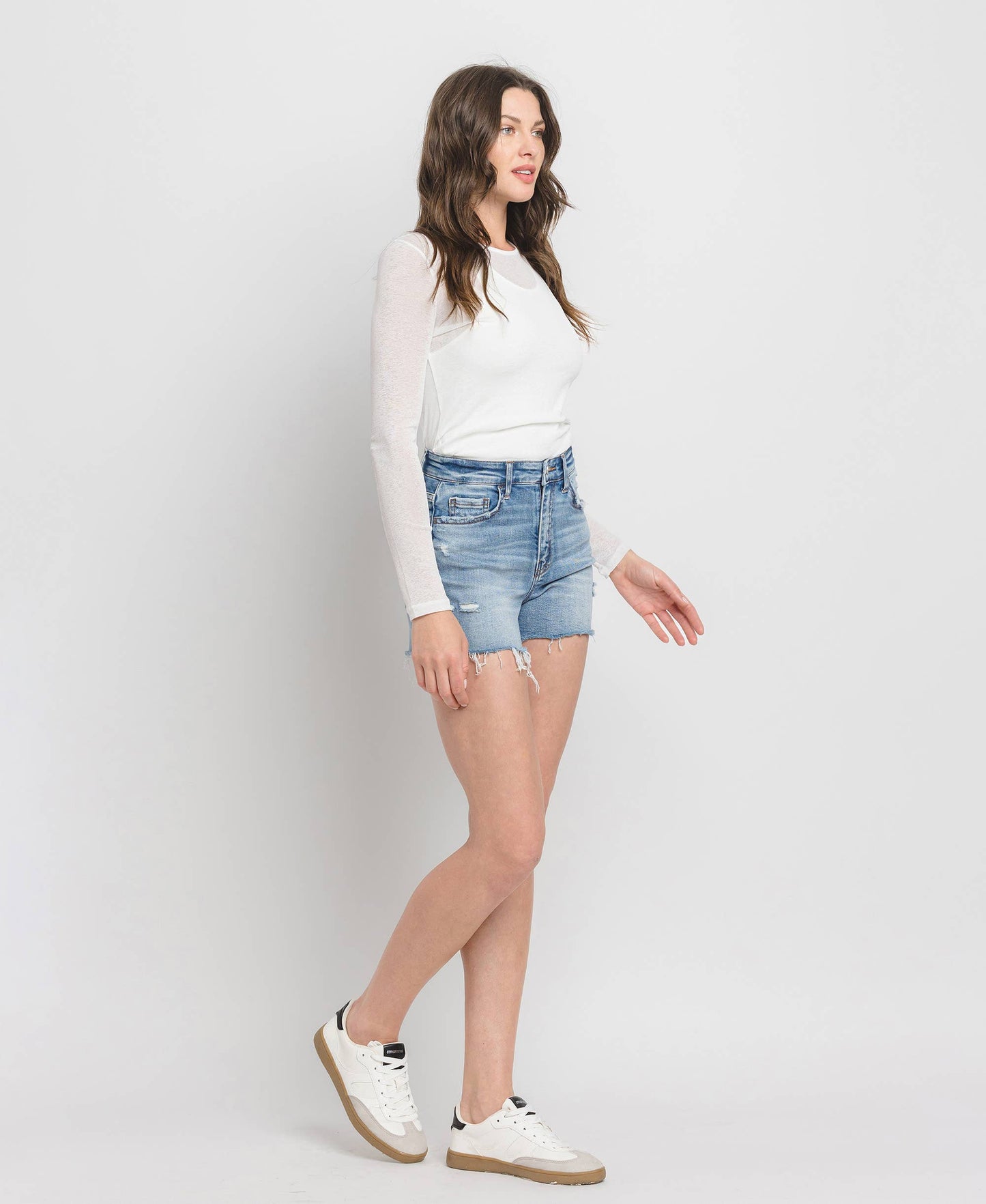 High Rise A Line Denim Shorts