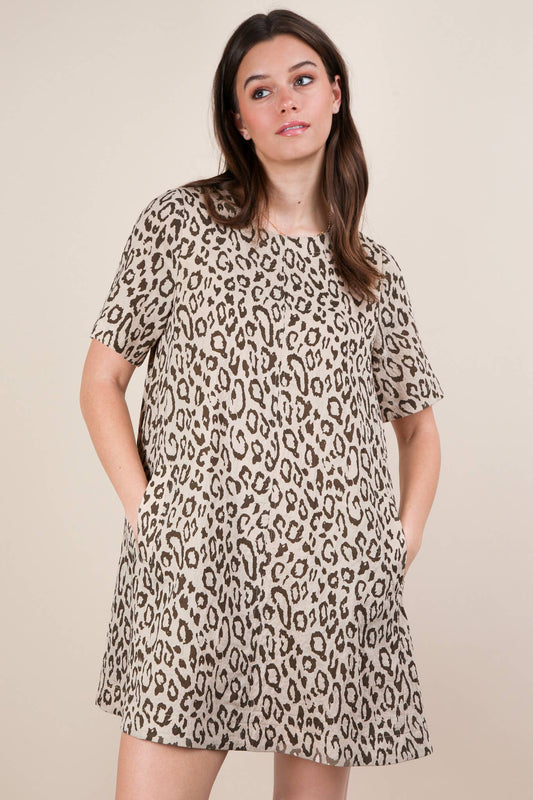 ND31673-Leopard Printed Comfy Mini Dress: OATMEAL / S-M-L/2-2-2