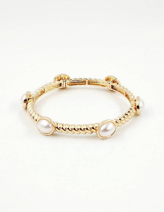 Ribbed Gold Textured and Pearl Stretch Bracelet