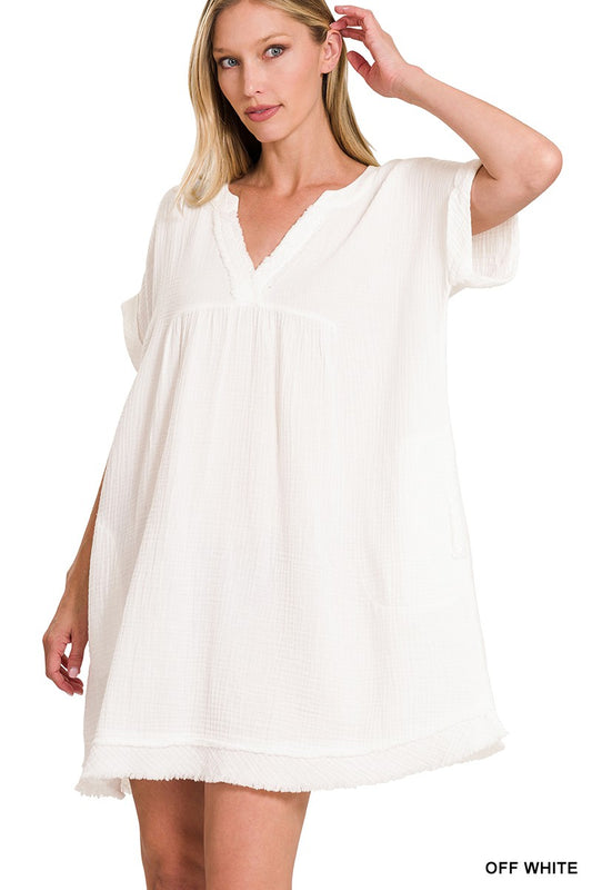 Gauze Raw Edge Dress (White)