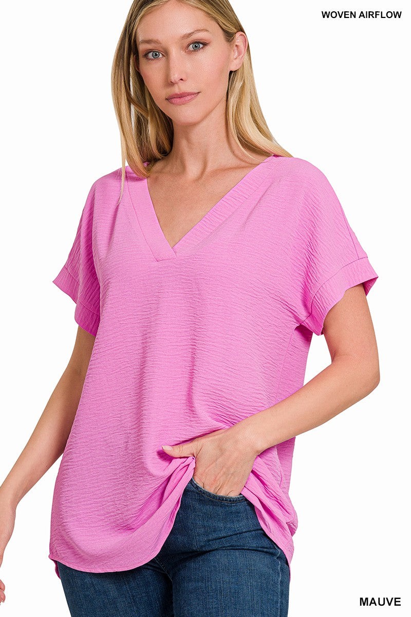 Woven V Neck Top (Mauve)