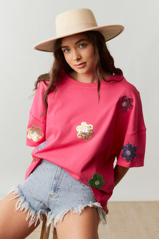 Sequin Flower Patch Tee (Fuschia)