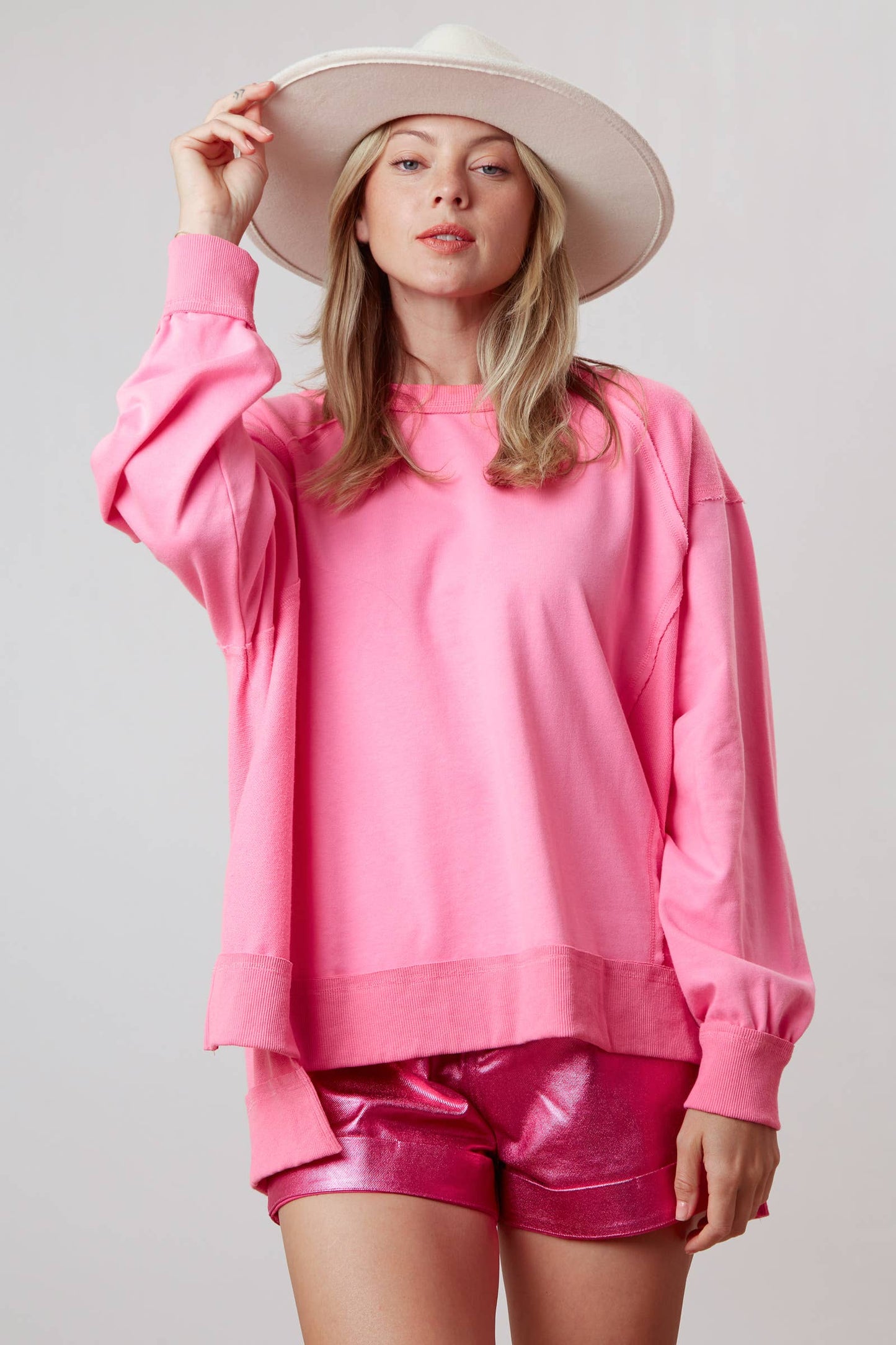 Oversized Top with Reversed Stitch Details (Pink)