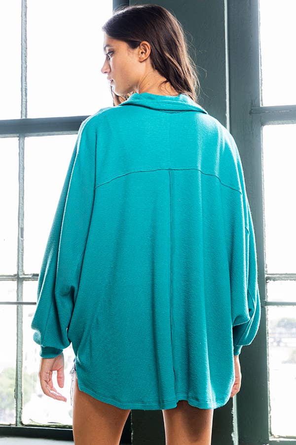 Textured Knit Collared Loose Fit Top: Teal