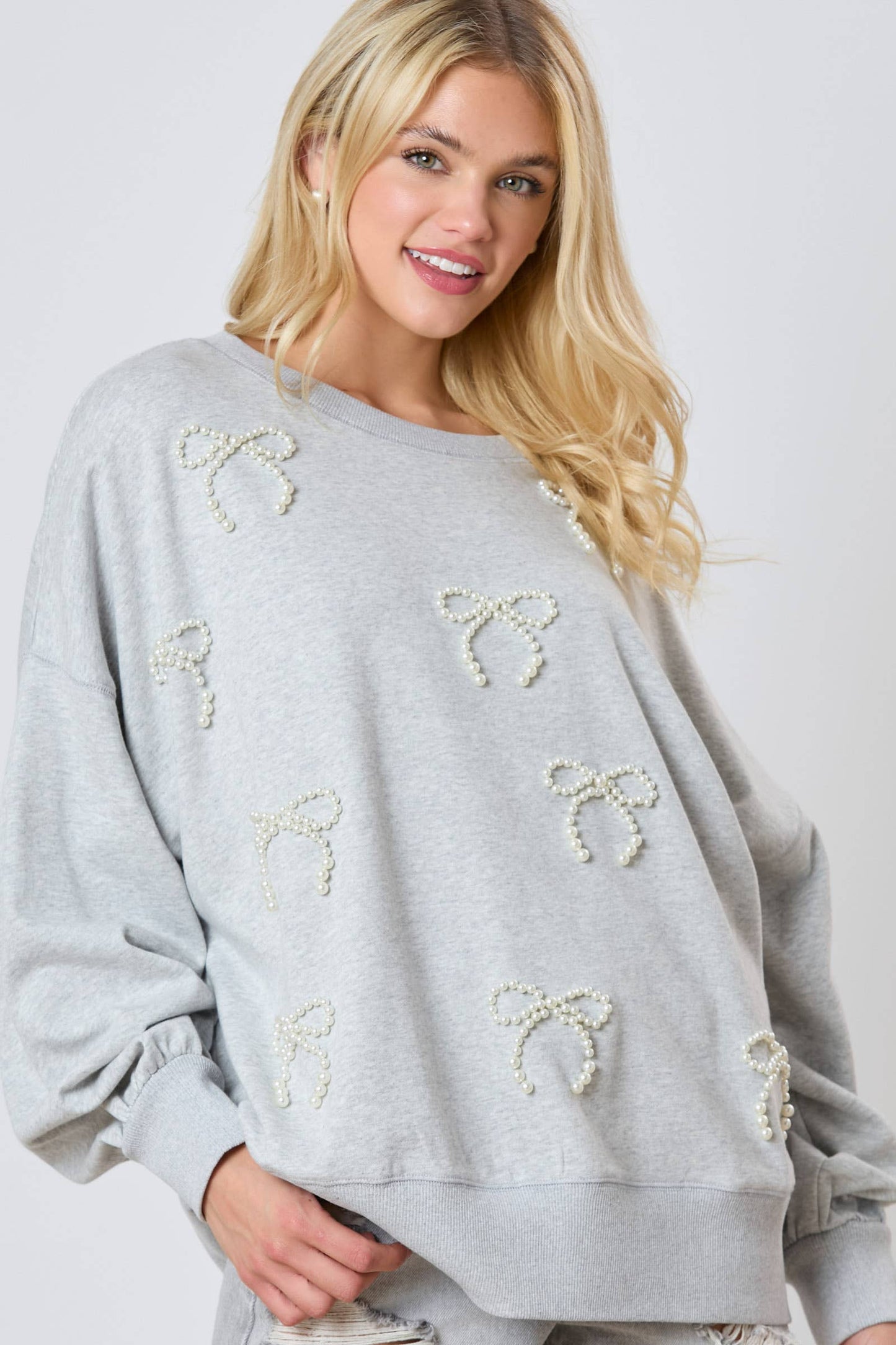 Pearl Bow Embellished Sweatshirt