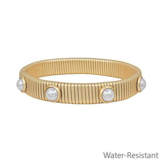 Water Resistant Ribbed Stretch Bracelet with Pearl Studded Accent