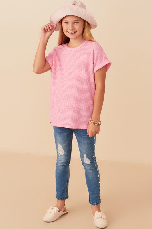 TWEEN Textured Ribbed Top in Pink