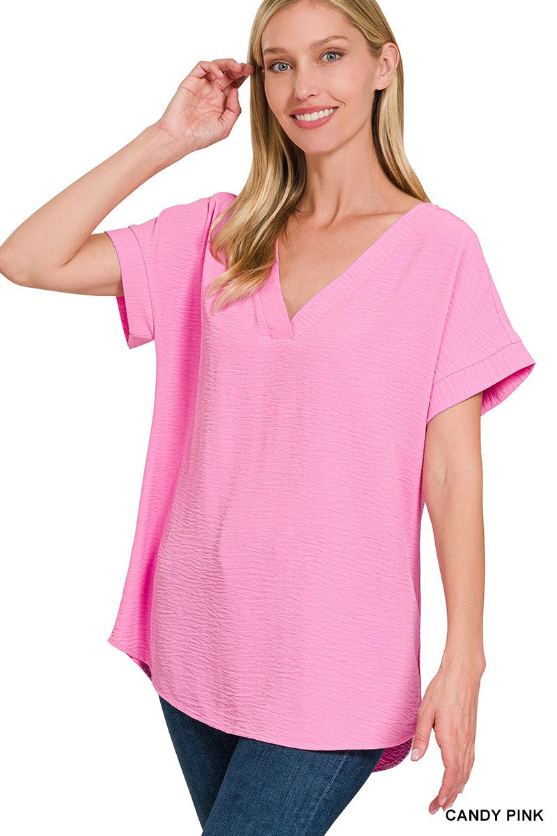 Woven V Neck Top (Candy Pink)