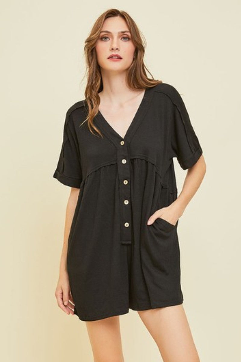 Knit Button Down Romper (Black)