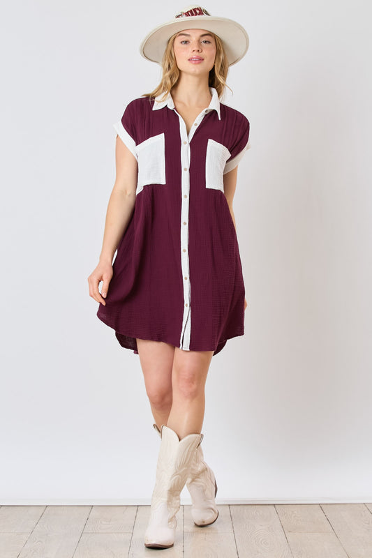 Gauze Colorblock Shirt Dress (Maroon/White)