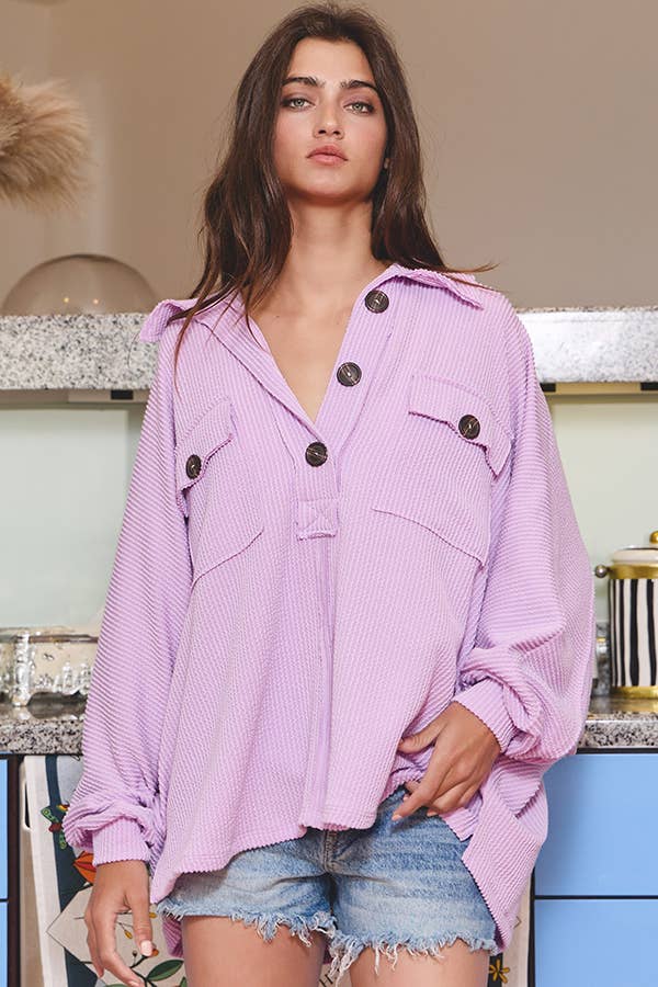 French Terry Knit Collared Loose Fit Top: Lilac