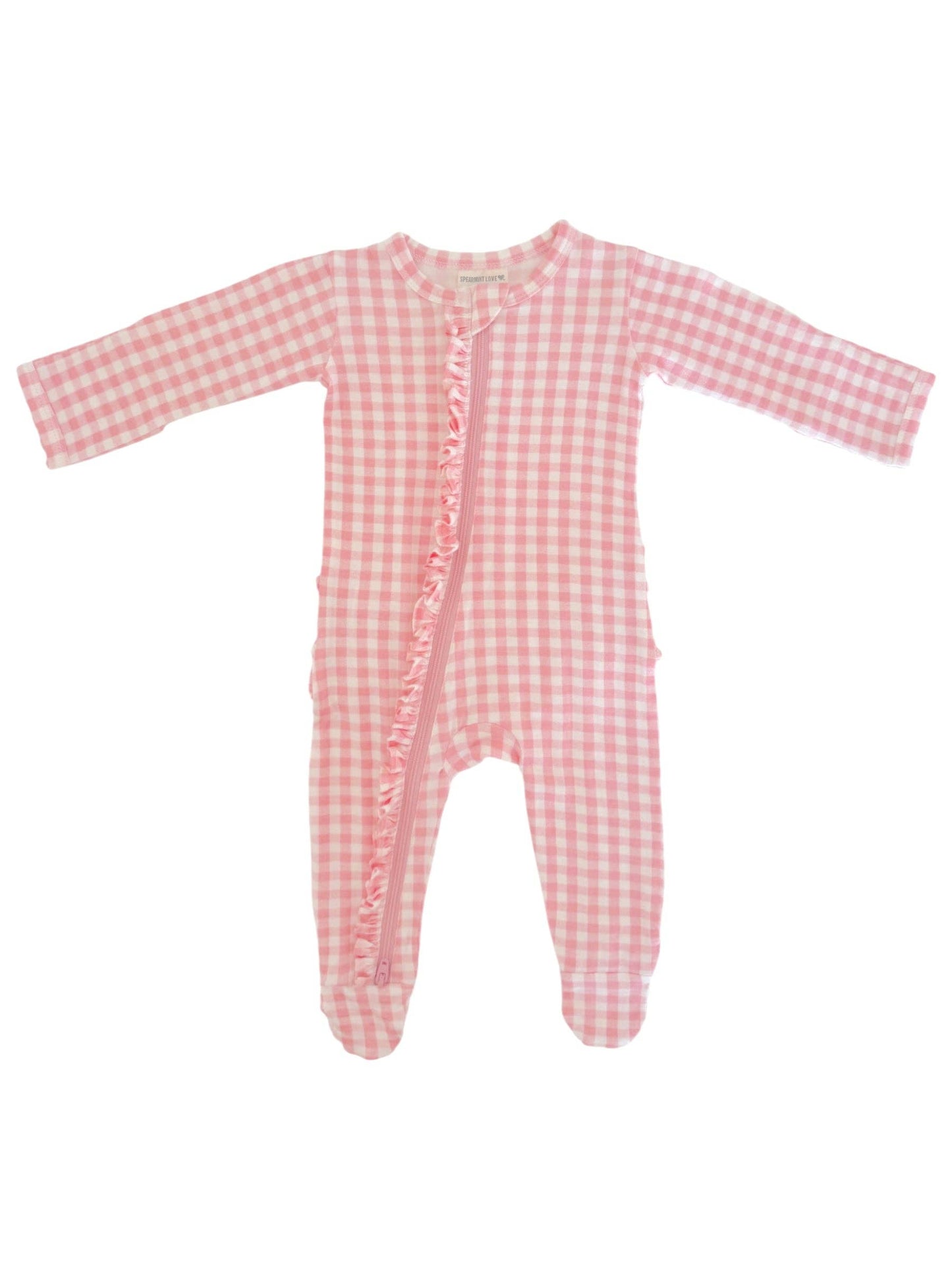 2-Way Zip Ruffle Footie, Pink Gingham: 0 - 3 mo.