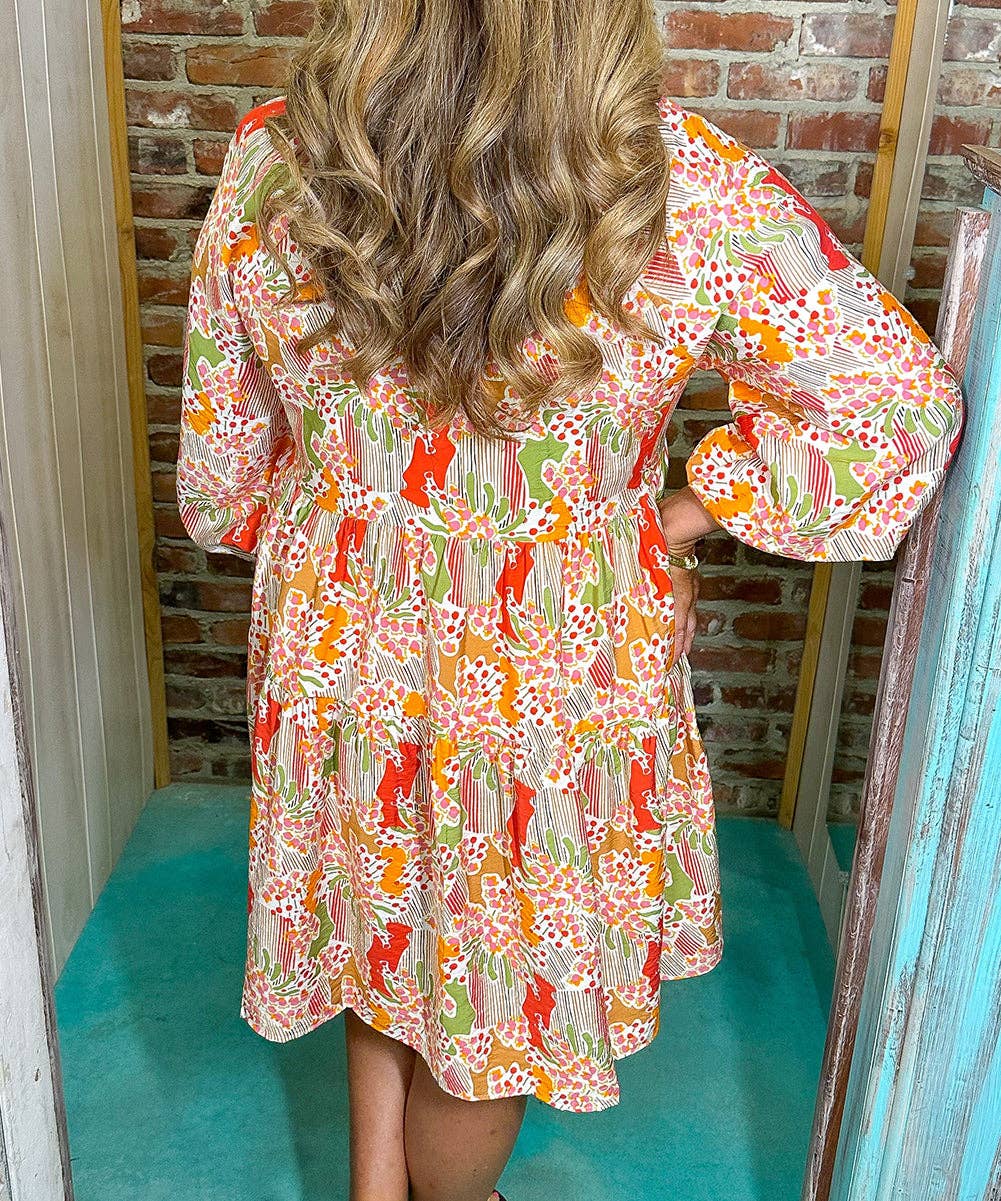 Plus Size Mix Floral Puff Sleeve Ruffled Dress