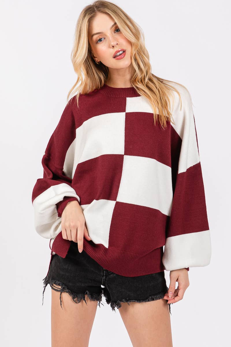 The Mia Checkered Sweater (Burgundy/White)