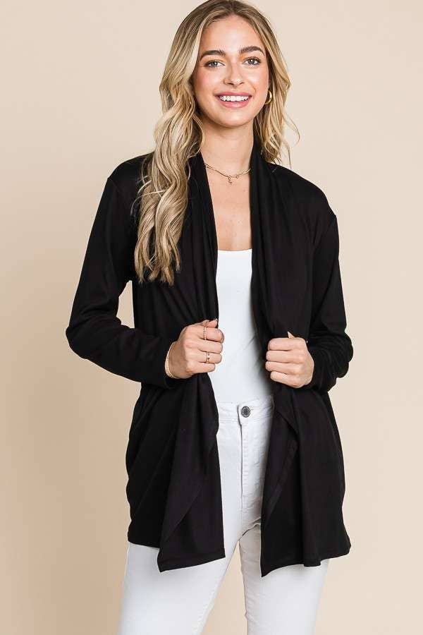 Drape Open-Front Long Sleeve Cardigan (Olive)