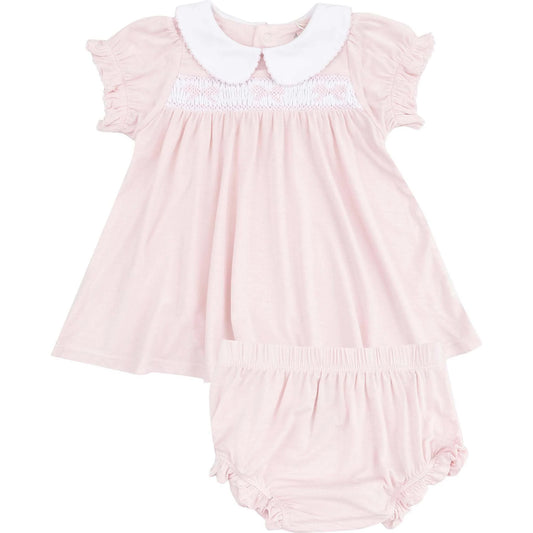 Angel Dear Classic Pink Smocked Peterpan Collar Dress + Bloomer Set