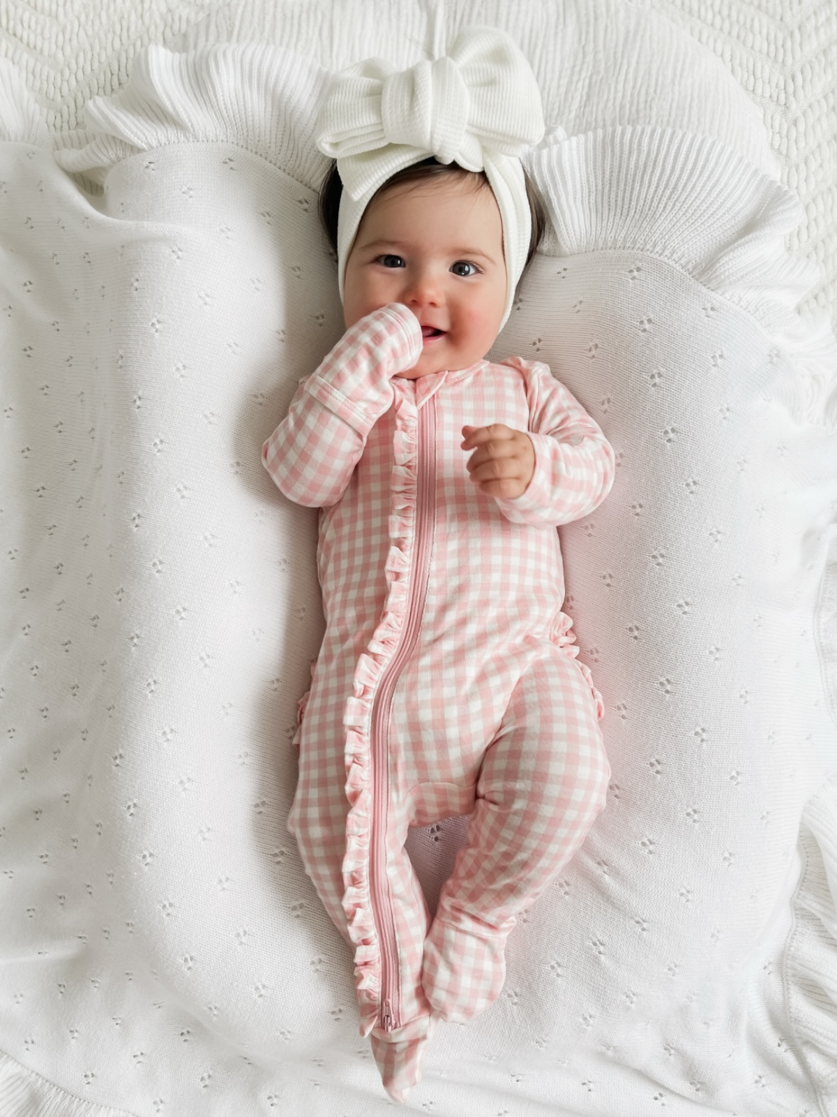 2-Way Zip Ruffle Footie, Pink Gingham: 0 - 3 mo.
