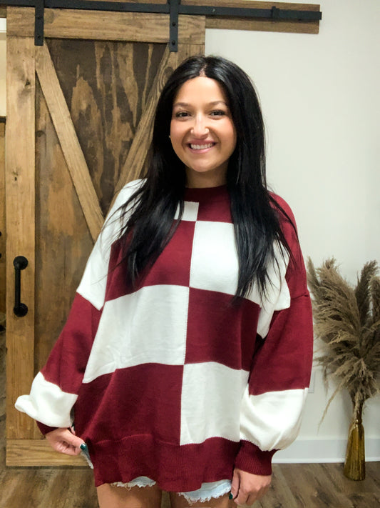 The Mia Checkered Sweater (Burgundy/White)