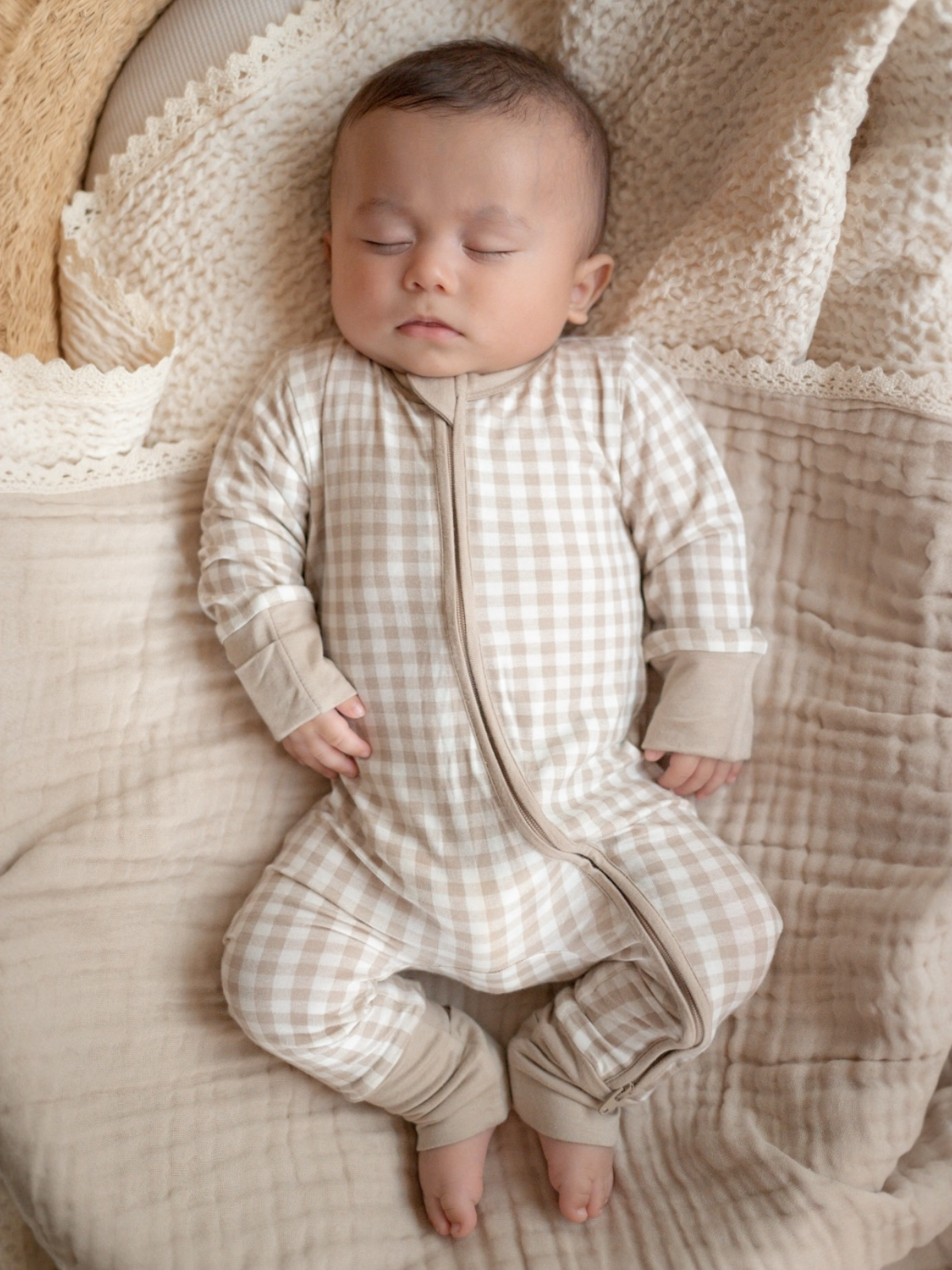 2-Way Convertible Zip Romper, Tan Gingham