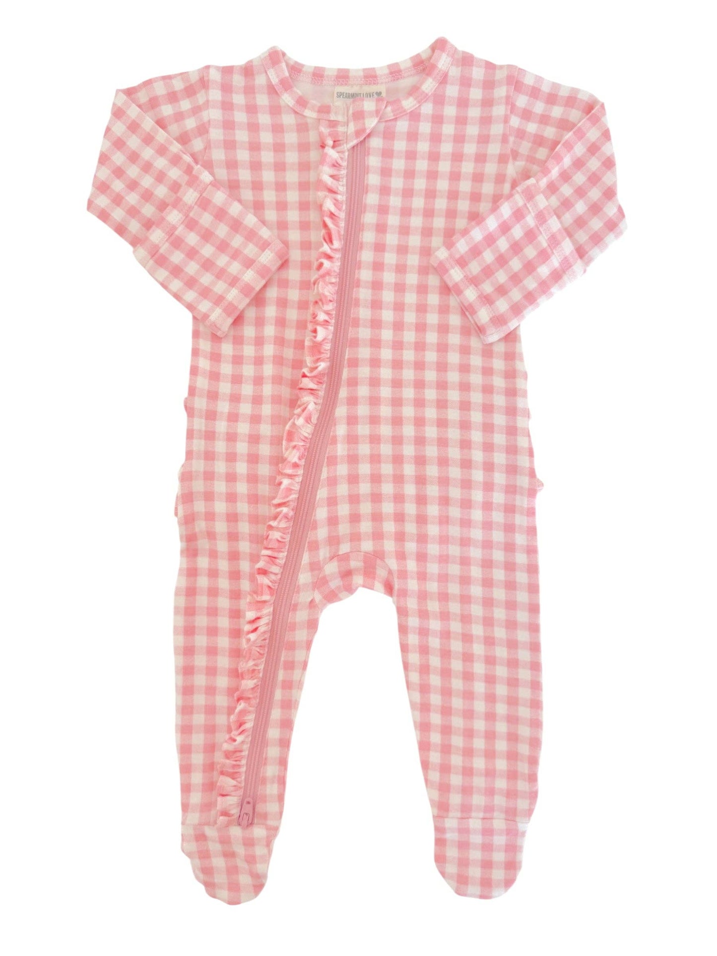 2-Way Zip Ruffle Footie, Pink Gingham: 0 - 3 mo.