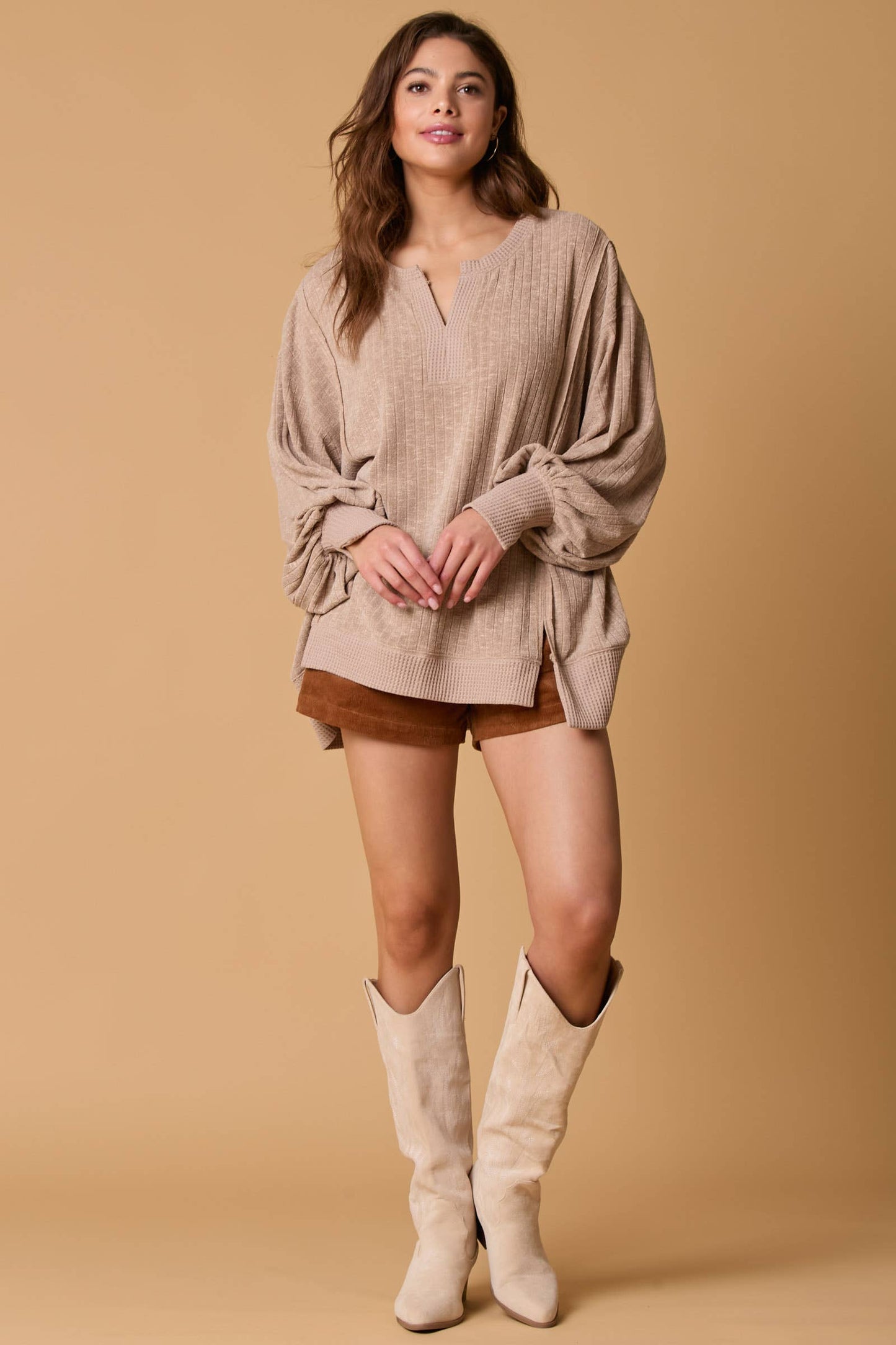 Two Tone Knit Rib Loose Fit Long Sleeve Top