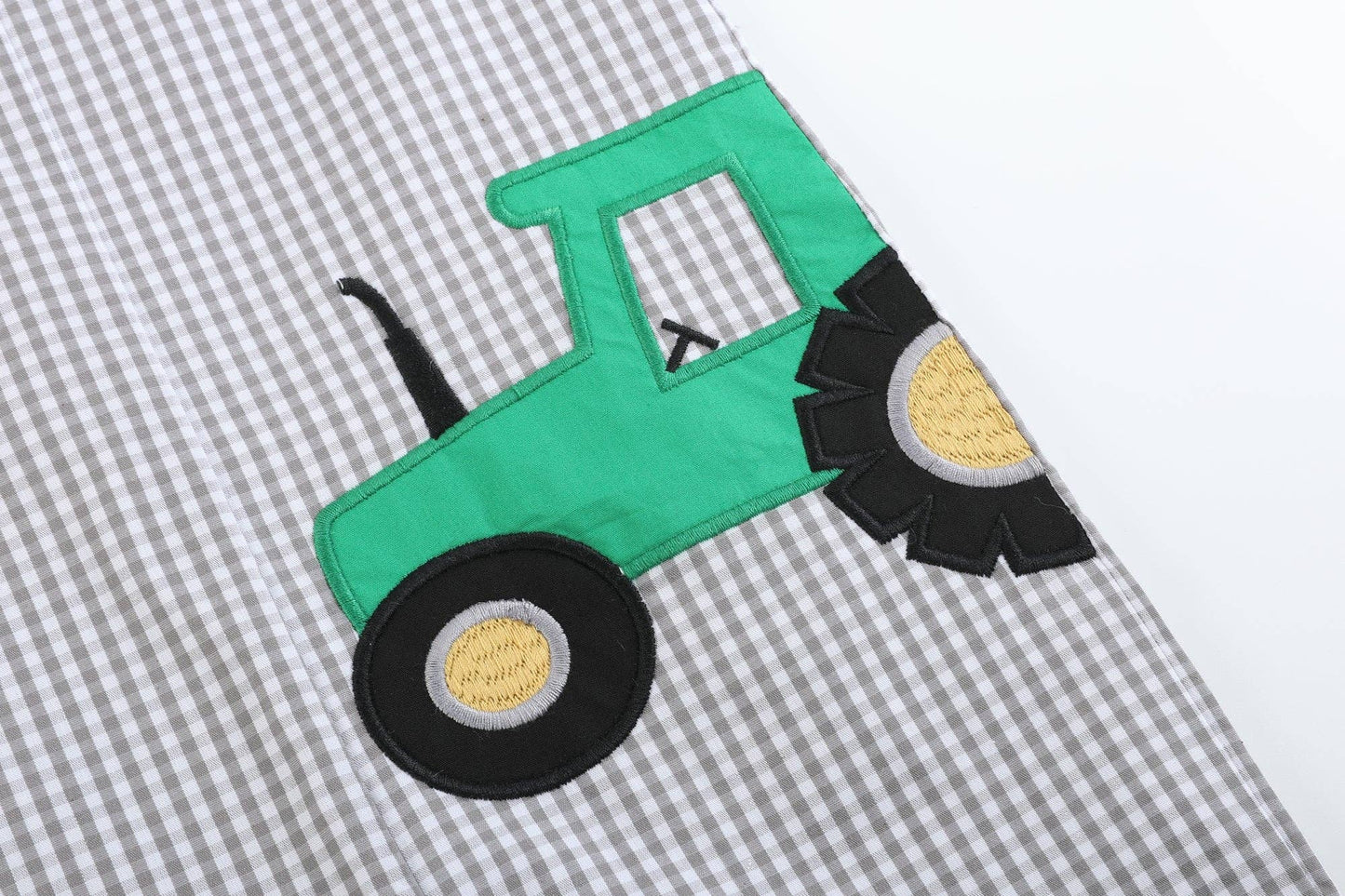 Gray Gingham Green Tractor Applique Shortalls