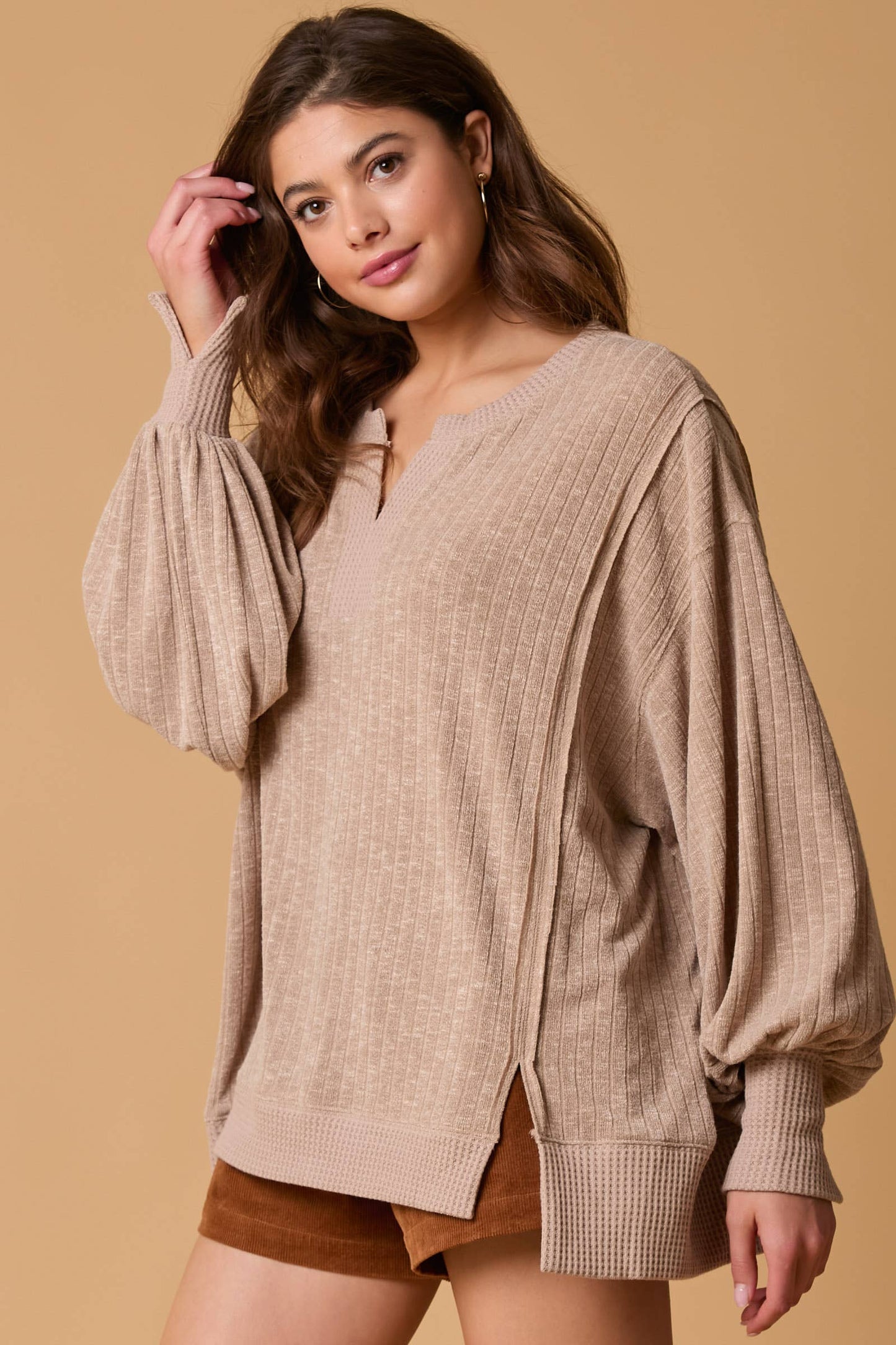 Two Tone Knit Rib Loose Fit Long Sleeve Top