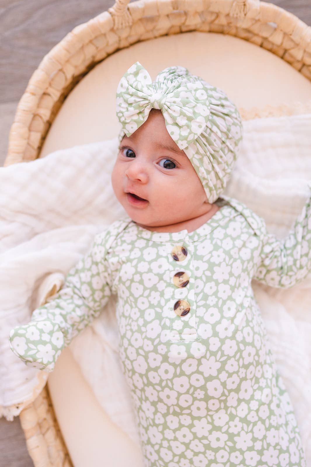 Knotted Baby Gown - Sage Ditsy Floral: Gown and Bow Headband