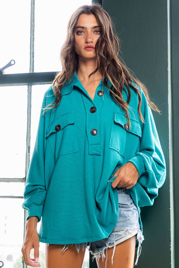 Textured Knit Collared Loose Fit Top: Teal