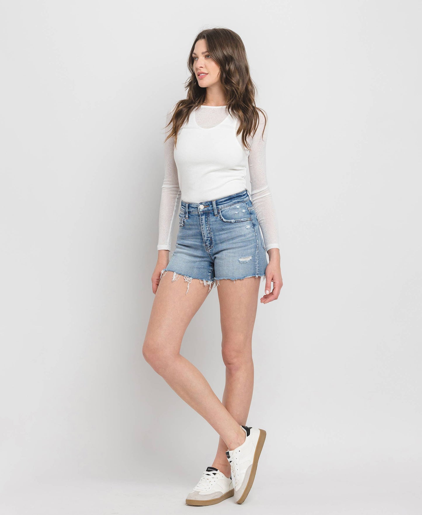 High Rise A Line Denim Shorts