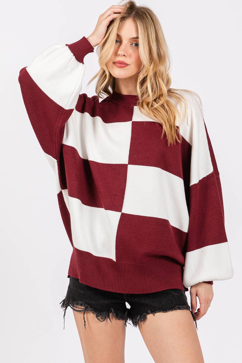 The Mia Checkered Sweater (Burgundy/White)