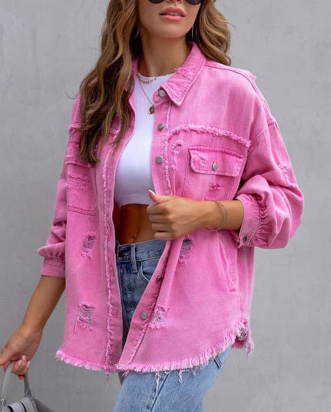 Ripped Loose Denim Jacket: Candy Pink