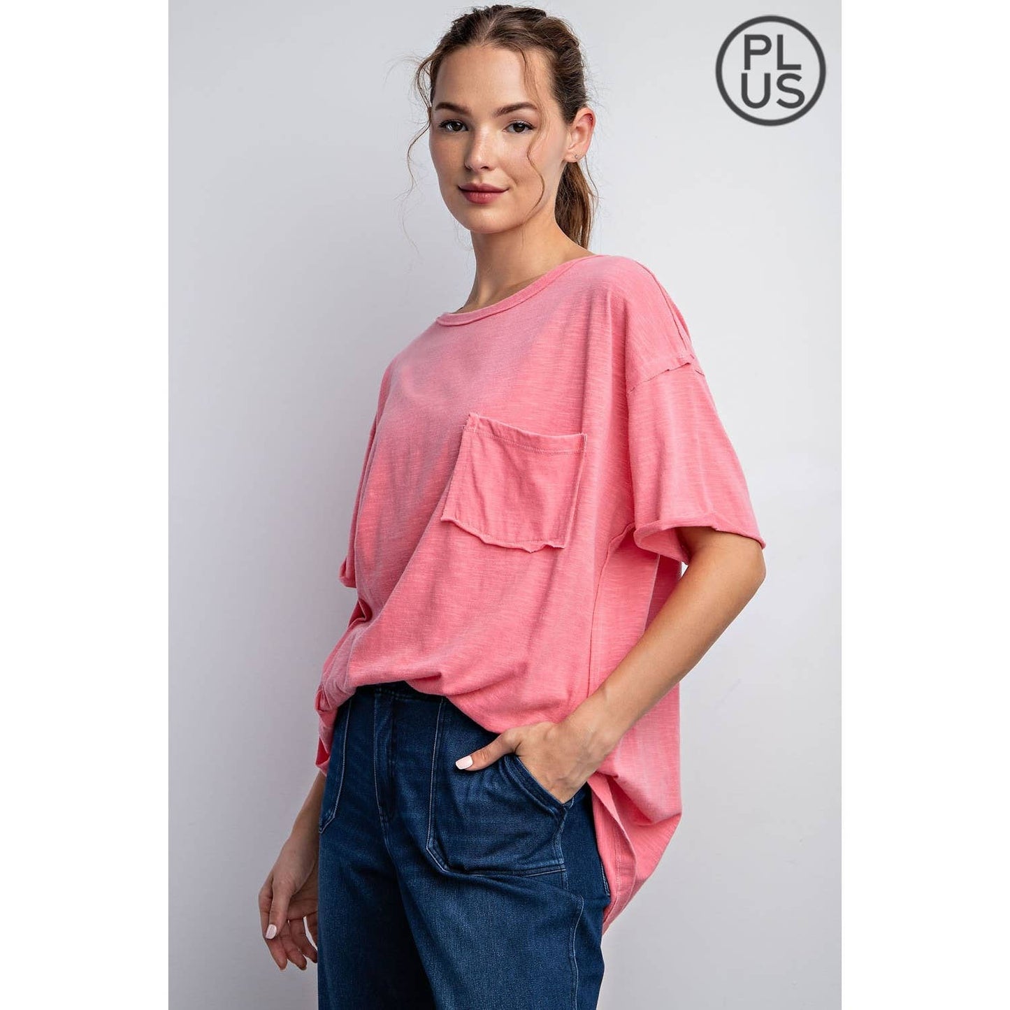 Slub Mineral Washed Short Sleeve Top (Coral)