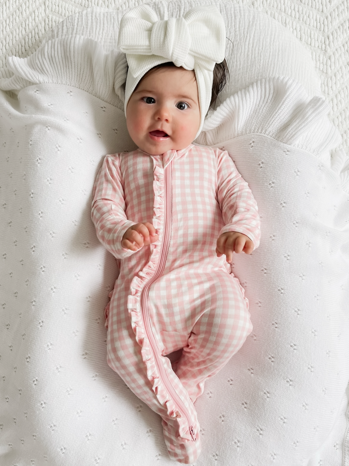 2-Way Zip Ruffle Footie, Pink Gingham: 0 - 3 mo.